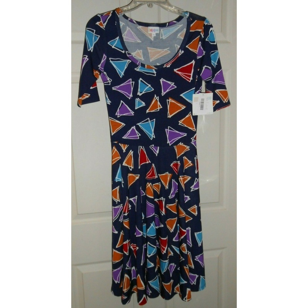 NEW Lularoe Nicole Dress Geometric Patterns Triangles Dark Navy‎ Blue S Small